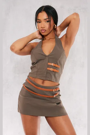 PRETTYLITTLETHING Khaki Stretch Woven Brown Belt Detail Waistcoat