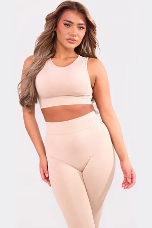PRETTYLITTLETHING PLT SPORT Mocha Acid Wash Seamless Ribbed Sports Bra
