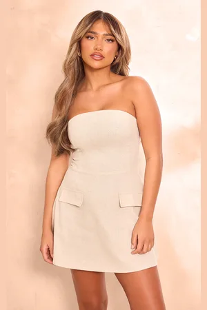 PRETTYLITTLETHING Bandeau Linen Look Shift Dress