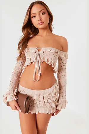 PRETTYLITTLETHING Petite Stone Bardot Crop Top With Ruffle Details