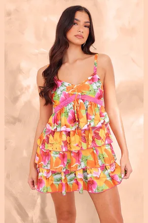 PRETTYLITTLETHING Abstract Floral Tiered Frill Shift Dress