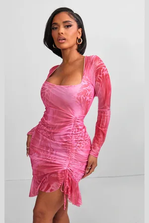 PRETTYLITTLETHING Shape Abstract Leopard Mesh Ruched Side Frill Hem Bodycon Dress