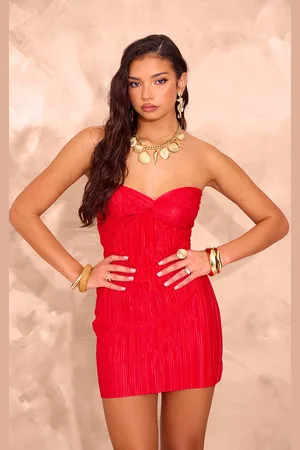 PRETTYLITTLETHING Plisse Knot Detail Bandeau Bodycon Dress