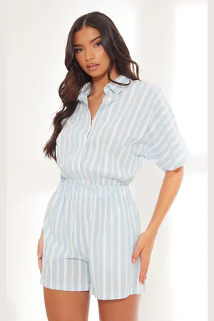 PRETTYLITTLETHING Linen Look Pinstripe Button Up Shirt Detail Playsuit