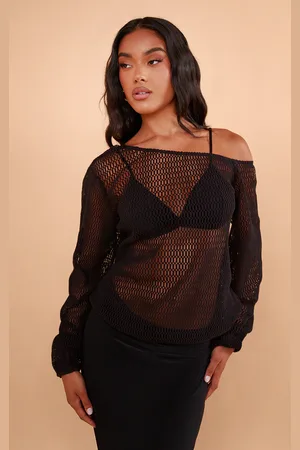 PRETTYLITTLETHING Textured Knit Off The Shoulder Long Top