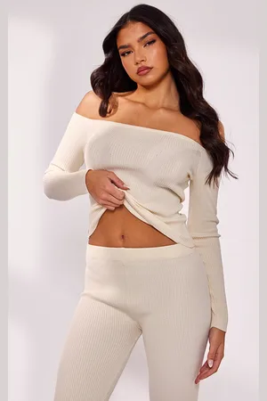 PRETTYLITTLETHING Cream Bardot Rib Knit Long Sleeve Top