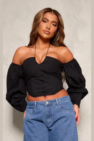 PRETTYLITTLETHING Poplin Elastic Halter Bardot Top