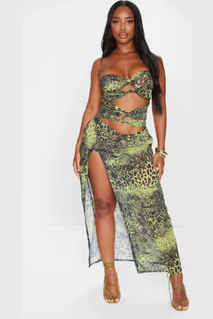 PRETTYLITTLETHING Shape Chiffon Leopard Printed Bandeau Cut Out Split Maxi Dress