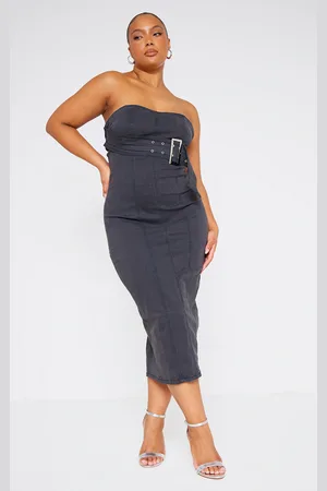 PRETTYLITTLETHING Plus Stretch Denim Buckle Detail Bandeau Dress