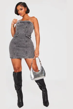 PRETTYLITTLETHING Shape Charcoal Denim Bandeau Cargo Bodycon Dress