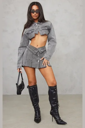 PRETTYLITTLETHING Petite Distressed Denim Foldover Micro Mini Skirt