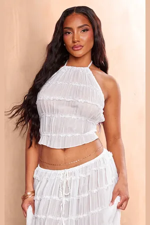 PRETTYLITTLETHING Chiffon Ruched Frill Detail Halterneck Top