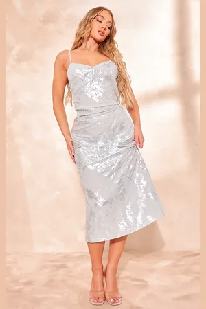 PRETTYLITTLETHING Silver Foil Print Cowl Neck Midaxi Dress