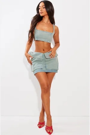 PRETTYLITTLETHING Petite Vintage Wash Denim Pocket Detail Mini Skirt
