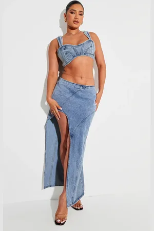 PRETTYLITTLETHING Shape Denim Seam Detail High Split Maxi Skirt