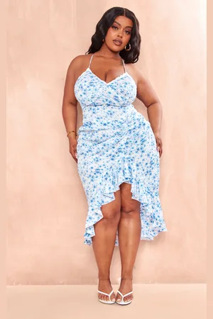 PRETTYLITTLETHING Plus Floral Print Lace Up Back Twist Detail Midi Dress