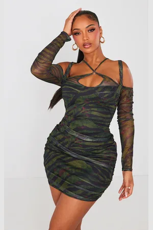 PRETTYLITTLETHING Shape Tiger Print Mesh Ring Halterneck Ruched Bodycon Dress