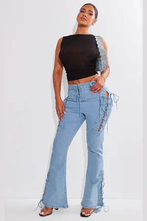 PRETTYLITTLETHING Shape Stretch Denim Lace Up Flare Jeans