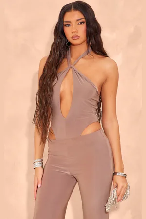 PRETTYLITTLETHING Taupe Slinky Plunge Halterneck Bodysuit