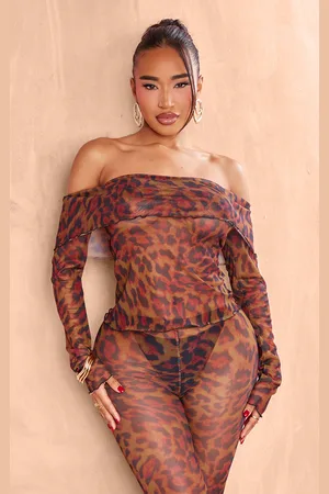 PRETTYLITTLETHING Shape Leopard Mesh Bardot Foldover Top