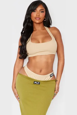 PRETTYLITTLETHING Shape Olive Ribbed Halterneck Bralet