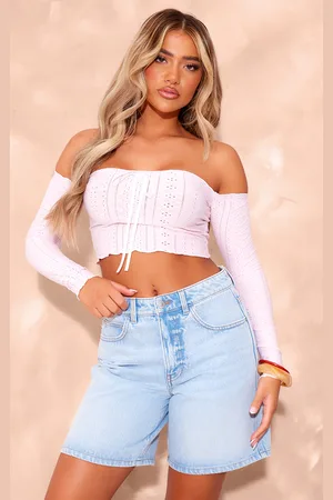 PRETTYLITTLETHING Baby Textured Stretch Ribbon Trim Long Sleeve Bardot Crop Top
