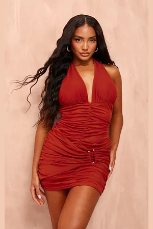 PRETTYLITTLETHING Mesh Halterneck Ruched Bodycon Dress