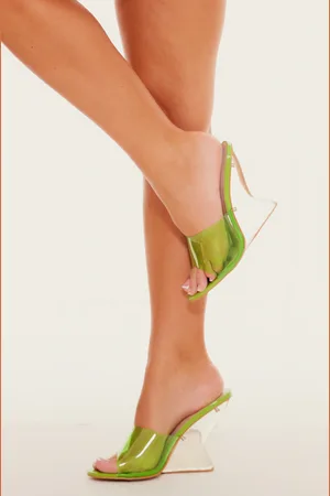 PRETTYLITTLETHING Lime Pu Round Toe Perspex Strap Heeled Wedges