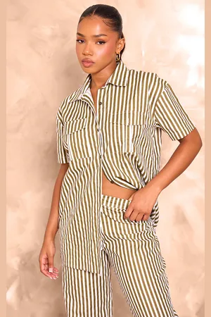 PRETTYLITTLETHING Olive Stripe Linen Look Pocket Front Short Sleeve Oversized Shirt