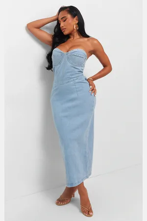 PRETTYLITTLETHING Shape Denim Seam Detail Bandeau Maxi Dress