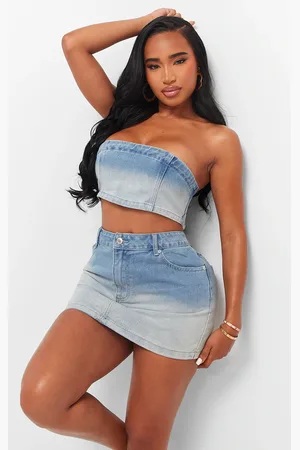 PRETTYLITTLETHING Shape Washed Denim Bandeau Top