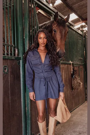 PRETTYLITTLETHING Contrast Stitch Denim Look Corset Shirt Dress