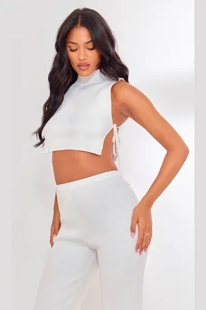 PRETTYLITTLETHING Tall Cream Tie Side Rib Knit Crop Top