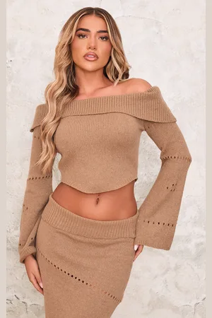 PRETTYLITTLETHING Fold Over Bardot Knit Long Sleeve Top