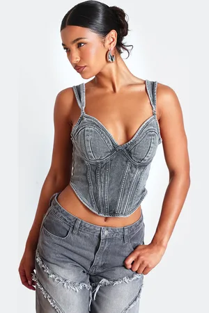 PRETTYLITTLETHING Dip Hem Bust Cup Denim Corset