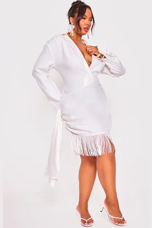 PRETTYLITTLETHING Plus Long Sleeve Tassel Hem Drape Detail Bodycon Dress