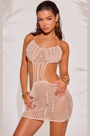 PRETTYLITTLETHING Beige Crochet Cut Out Tassel Beach Dress