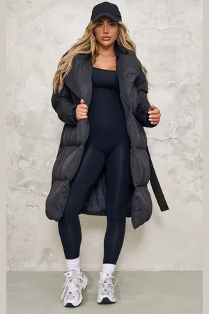 PRETTYLITTLETHING Oversized Collar Belted Longline Puffer