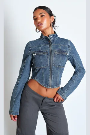 PRETTYLITTLETHING Biker Detail Curved Hem Denim Jacket