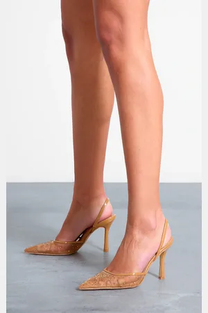 PRETTYLITTLETHING Mesh Diamante High Stiletto Sling Back Court Heels