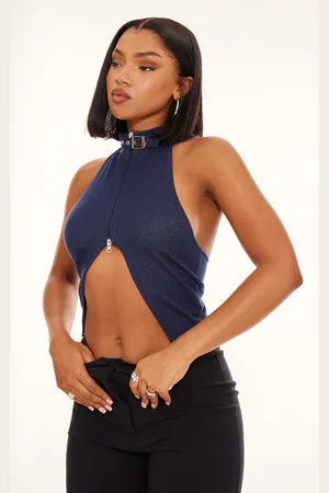 PRETTYLITTLETHING Buckle Detail Denim Look Halterneck