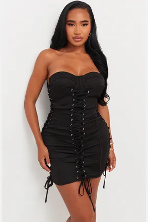 PRETTYLITTLETHING Shape Woven Lace Up Corset Bandeau Bodycon Dress