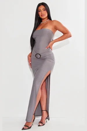 PRETTYLITTLETHING Shape Charcoal Soft Touch Bandeau Belted Midaxi Dress