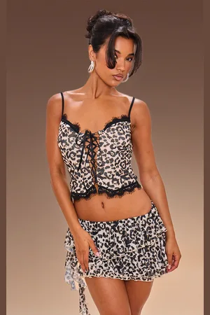PRETTYLITTLETHING Leopard Print Tie Up Lace Detail Corset