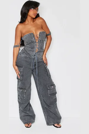 PRETTYLITTLETHING Shape Charcoal Wash Denim Pocket Detail Cargo Jeans