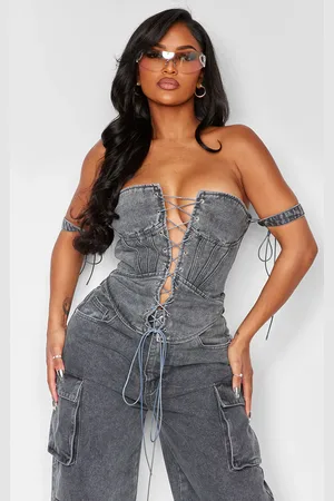 PRETTYLITTLETHING Shape Charcoal Wash Denim Lace Up Front Corset