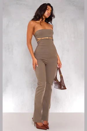 PRETTYLITTLETHING Khaki Stretch Woven Belted Bandeau Jumpsuit