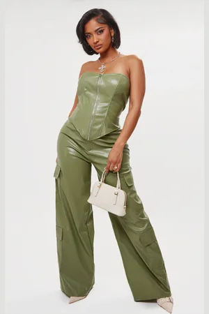 PRETTYLITTLETHING Shape Olive Faux Leather Straight Leg Cargo Trousers