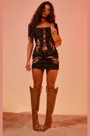 PRETTYLITTLETHING Western Patch Detail Denim Mini Skirt