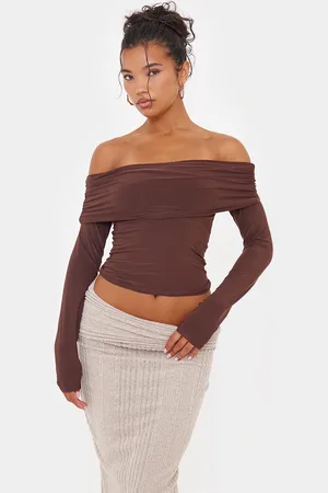 PRETTYLITTLETHING Slinky Bardot Long Sleeve Long Top